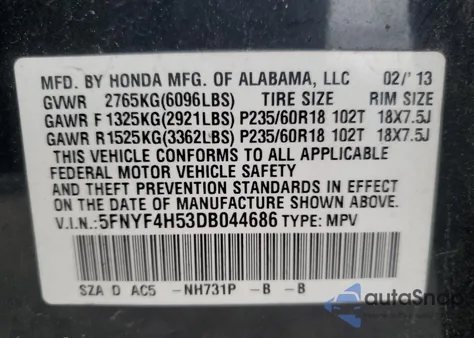 2013 Honda Pilot Exl из США, поврежденный, VIN 5FNYF4H53DB044686